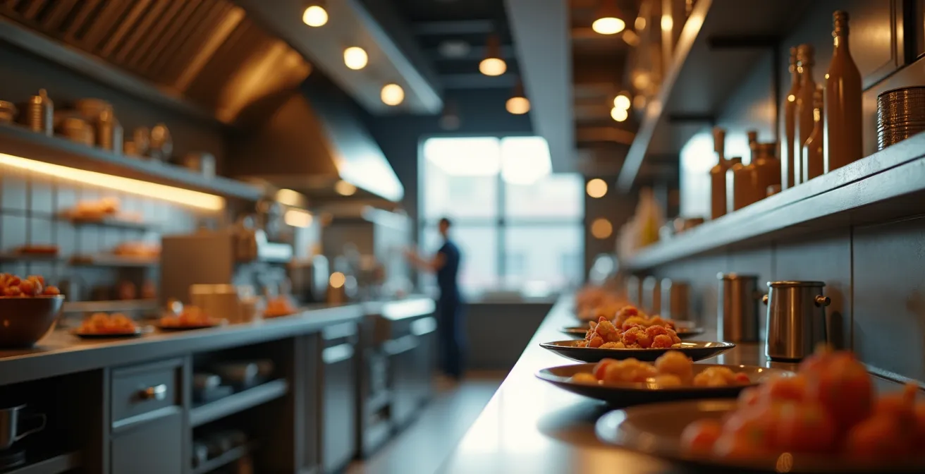 Cuisine de restaurant moderne avec capteurs de température et présence visibles, éclairage naturel, ambiance technologique