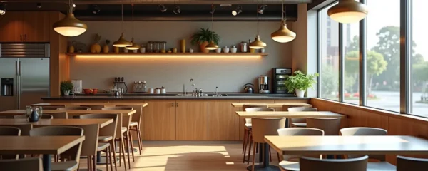 Intérieur moderne de restaurant avec éclairage naturel et technologie énergétique avancée, composition propre avec espace négatif
