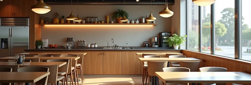 Intérieur moderne de restaurant avec éclairage naturel et technologie énergétique avancée, composition propre avec espace négatif