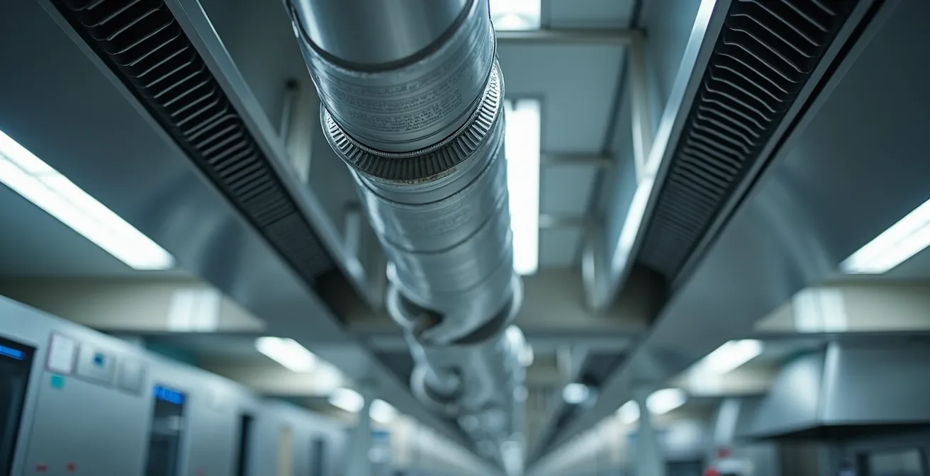 Système de ventilation double flux moderne avec conduits et échangeur thermique en cuisine professionnelle