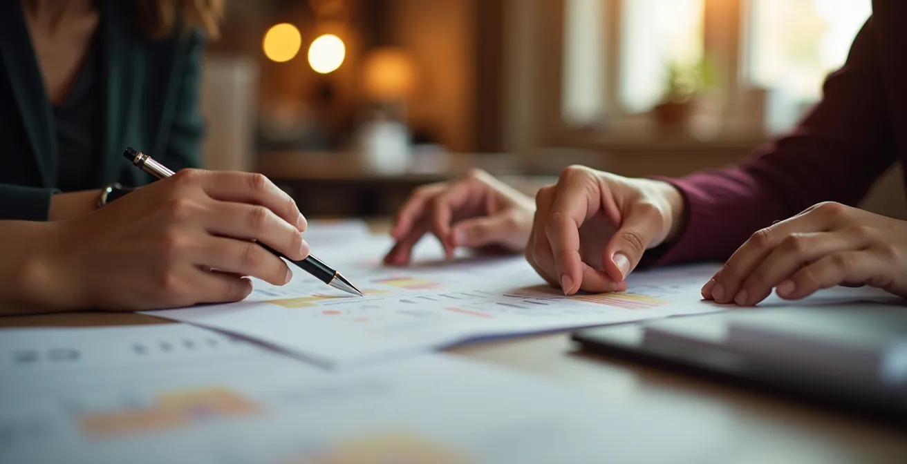 Mains en discussion autour d'une table avec plans d'organisation