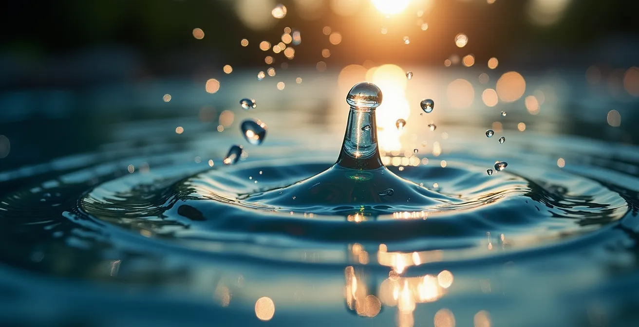 Détail macro de gouttelettes d'eau sur une surface avec reflets lumineux