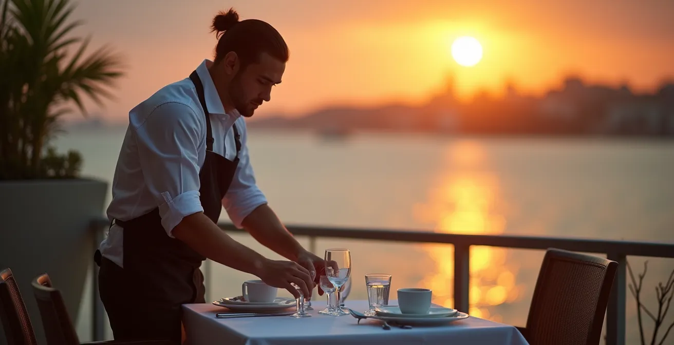 Serveur préparant une table au coucher du soleil avec vue sur l'eau