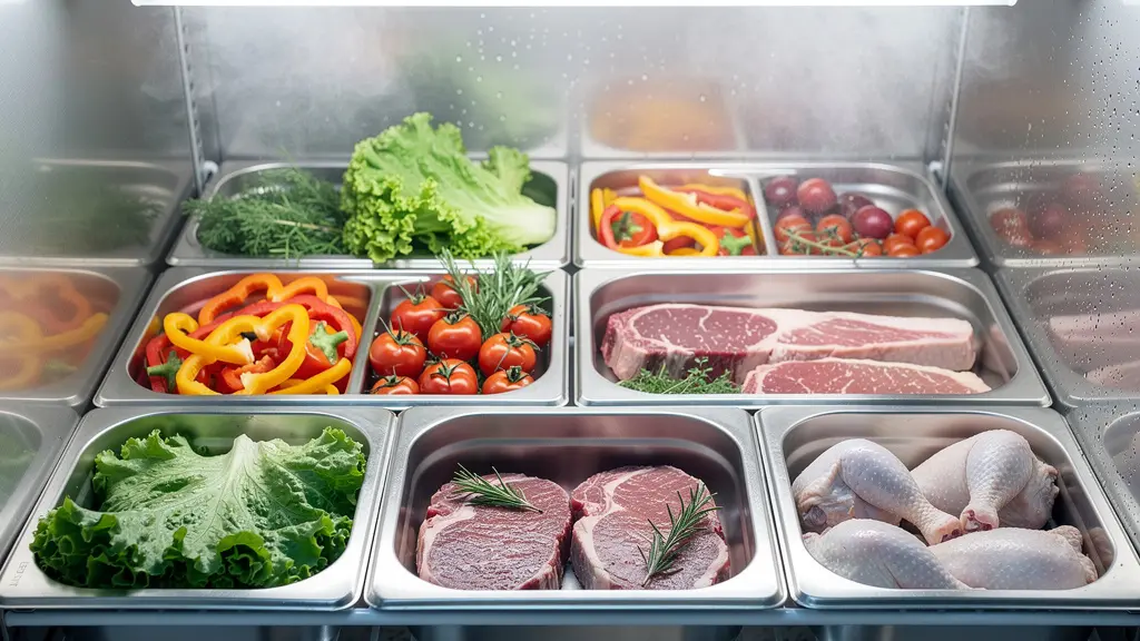 Intérieur d'armoire réfrigérée positive avec bacs gastronormes organisés et produits frais