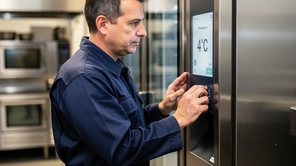 Technicien vérifiant le panneau de contrôle digital d'une armoire réfrigérée professionnelle