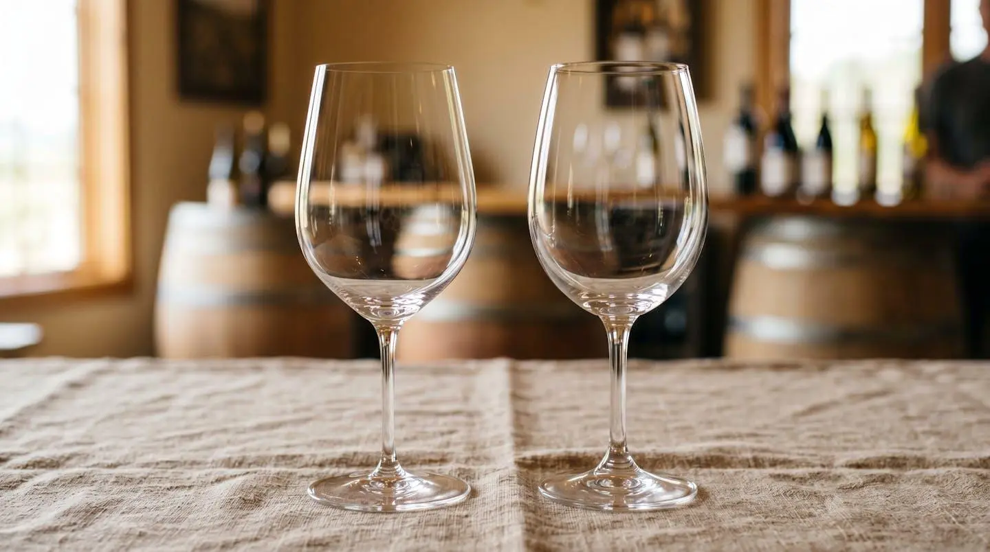 Comparaison côte à côte d'un verre en cristal soufflé bouche et d'un verre standard, vue de profil montrant l'épaisseur de paroi