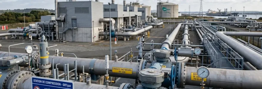 Installation industrielle de canalisation de transport de gaz naturel avec vannes de régulation et compteurs de pression, infrastructure gazière professionnelle en France