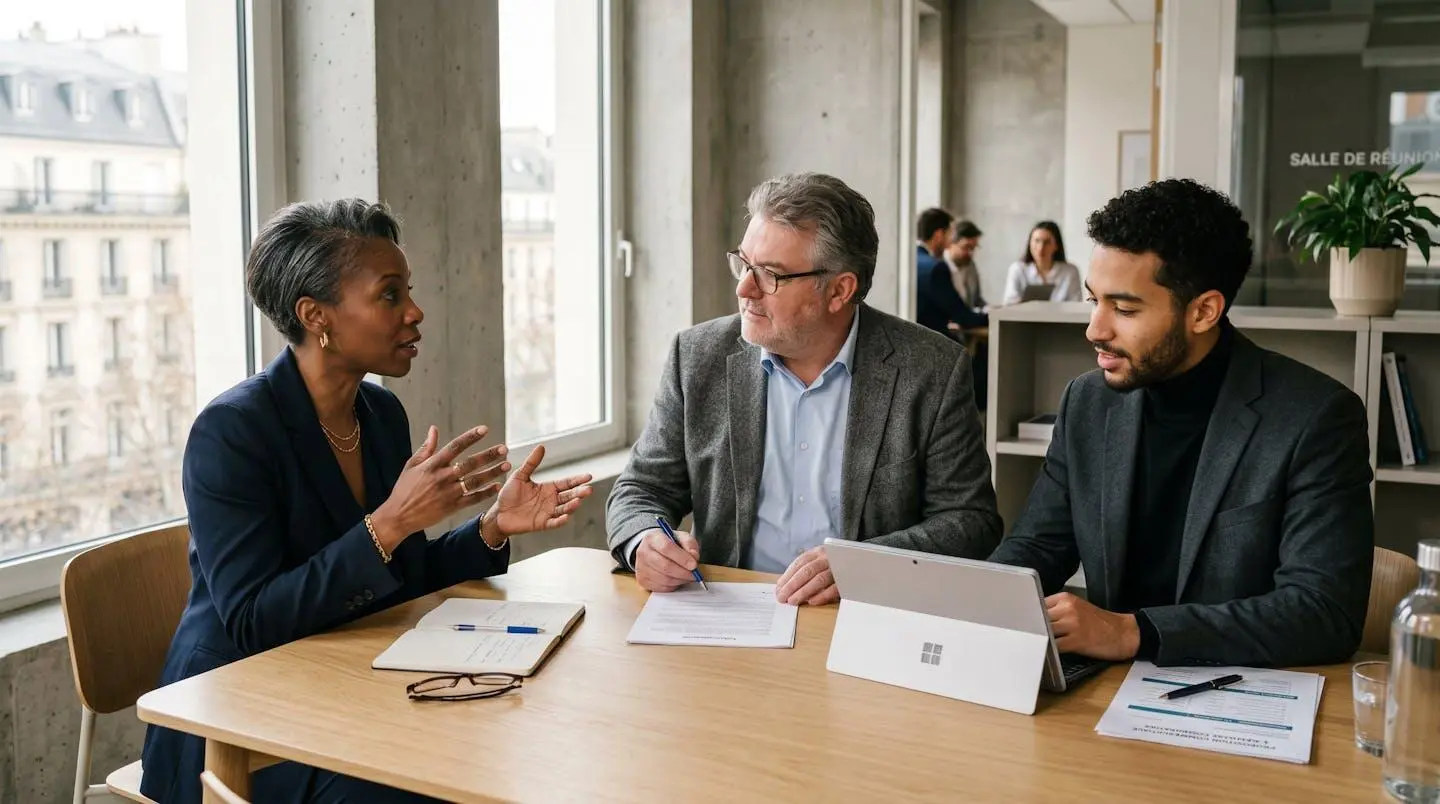Réunion professionnelle de négociation contrat énergie dans bureau moderne, participants consultant documents et tableaux comparatifs sur ordinateur