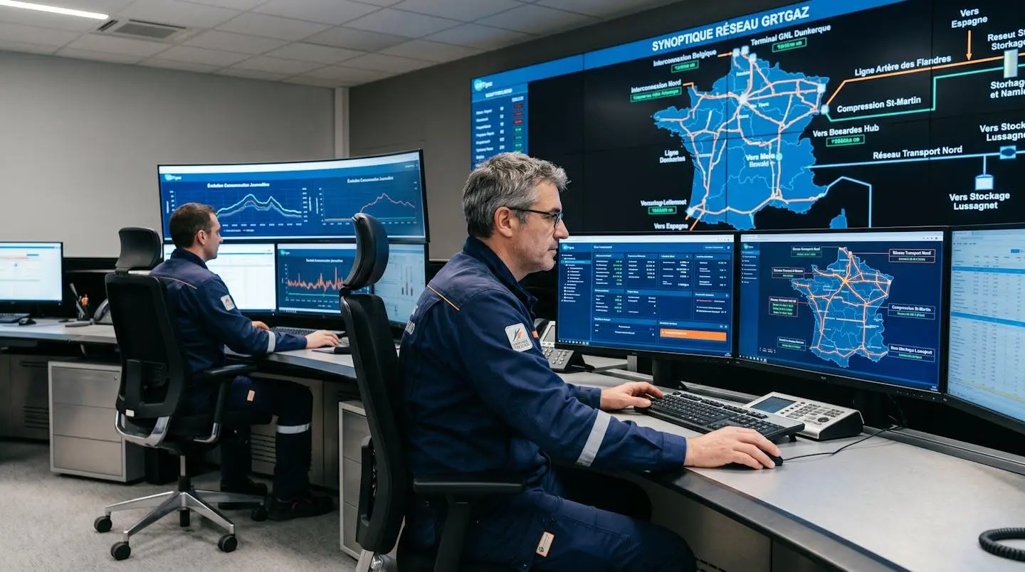 Salle de contrôle opérationnelle d'un gestionnaire de réseau de transport de gaz en France, opérateurs supervisant écrans de données temps réel et cartographies réseau gazier