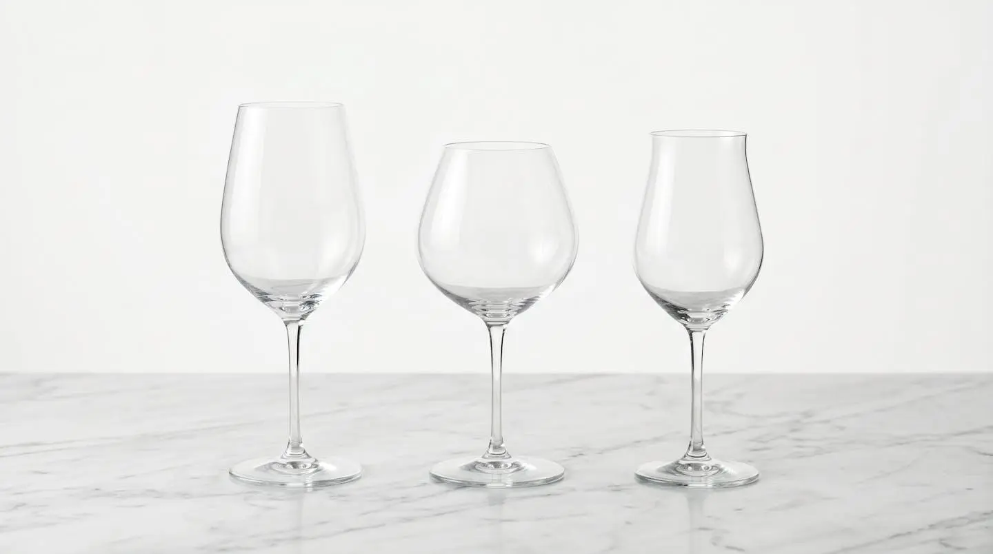 Trois verres à vin alignés représentant les formes Bordeaux, Bourgogne et verre universel sur fond neutre clair