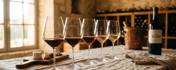Rangée de verres à vin en cristal soufflé bouche posés sur une table de dégustation, lumière naturelle dorée