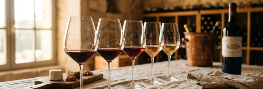 Rangée de verres à vin en cristal soufflé bouche posés sur une table de dégustation, lumière naturelle dorée