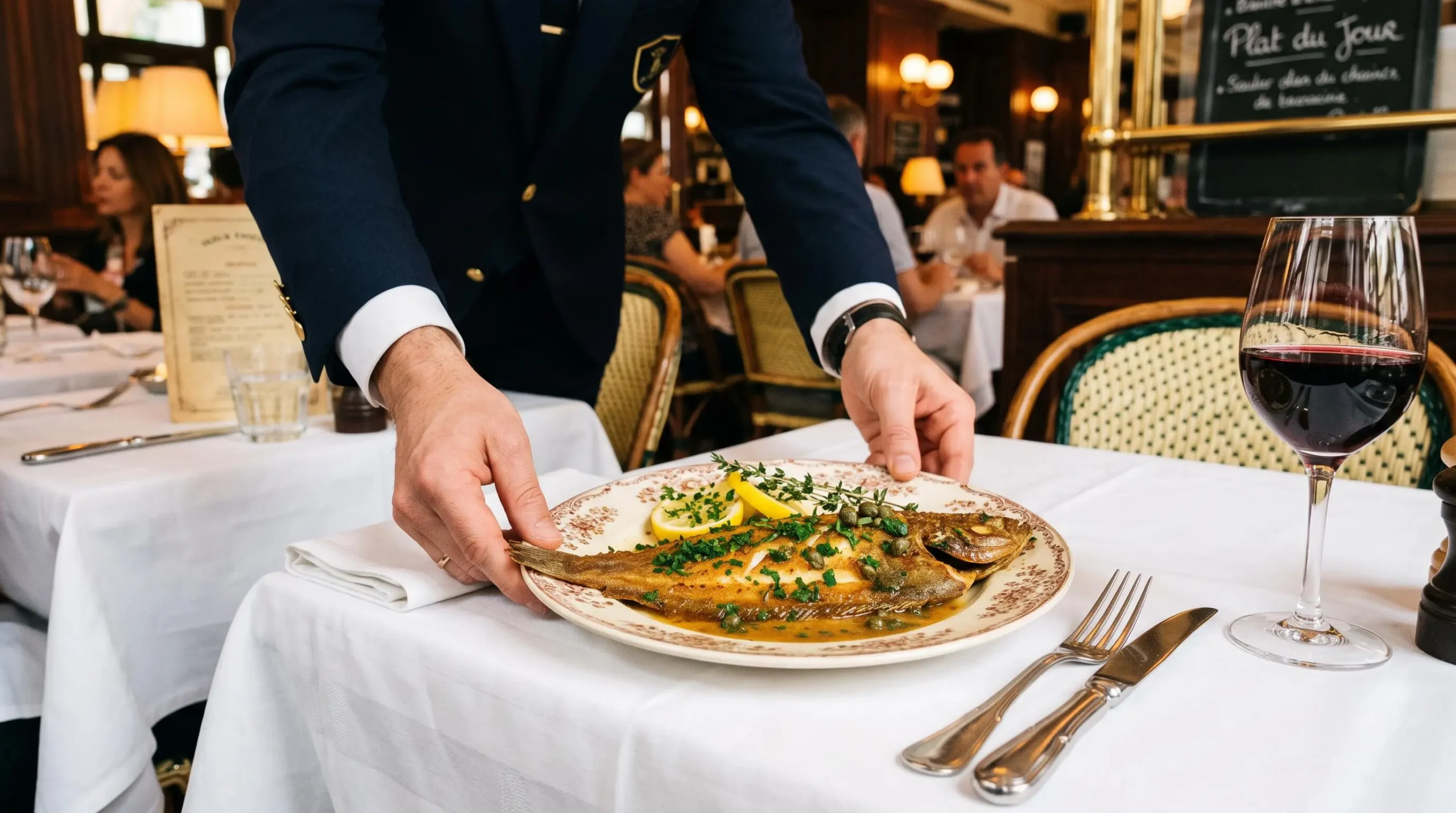 Chef en toque préparant des légumes frais de saison sur une planche en bois dans la cuisine d'une brasserie française