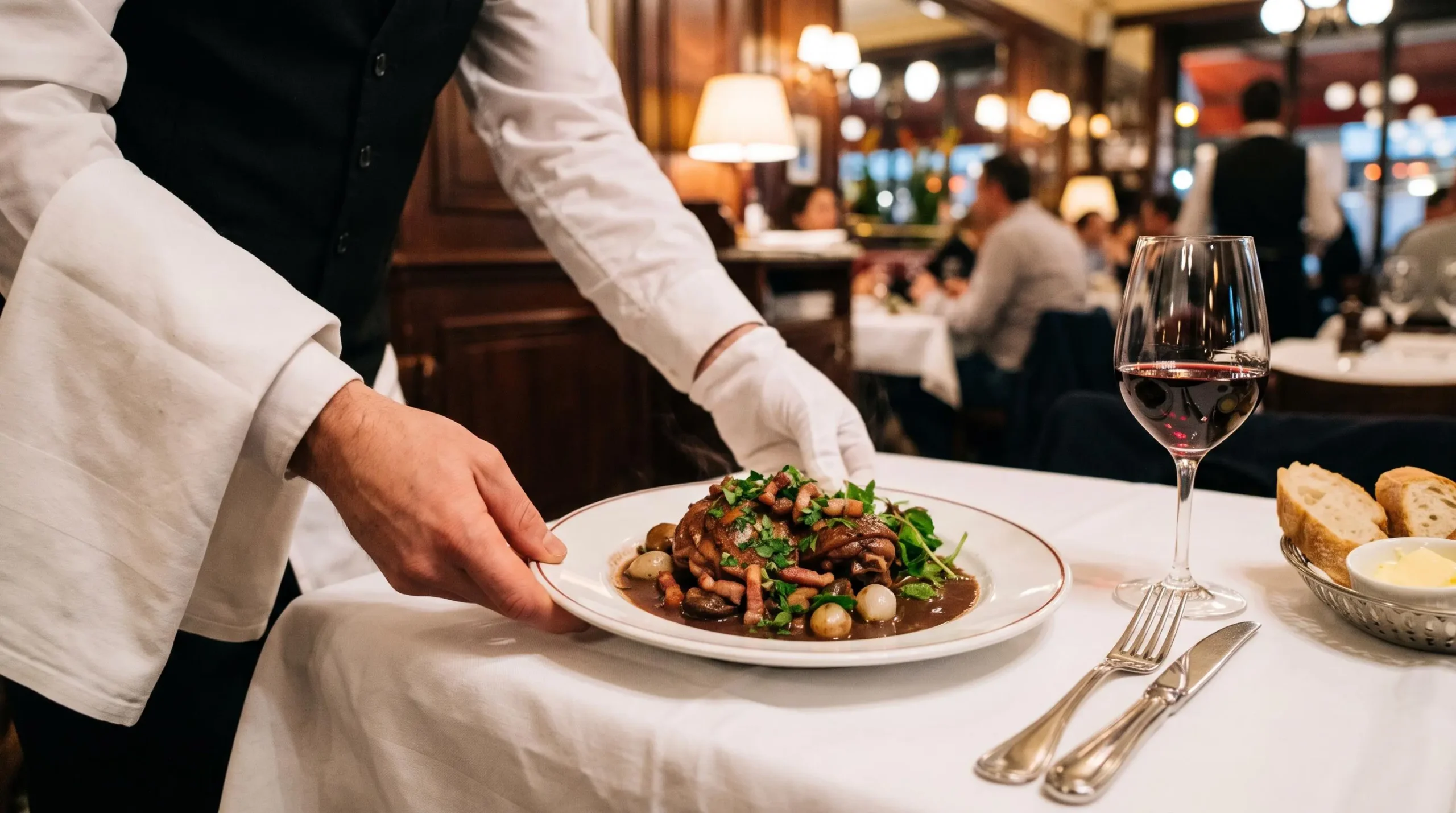 Mains d'un serveur posant un plat de brasserie classique sur une table avec nappe blanche et couverts élégants