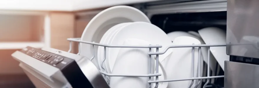 Personne chargeant un lave-vaisselle moderne dans une cuisine contemporaine, organisant soigneusement la vaisselle dans les paniers.