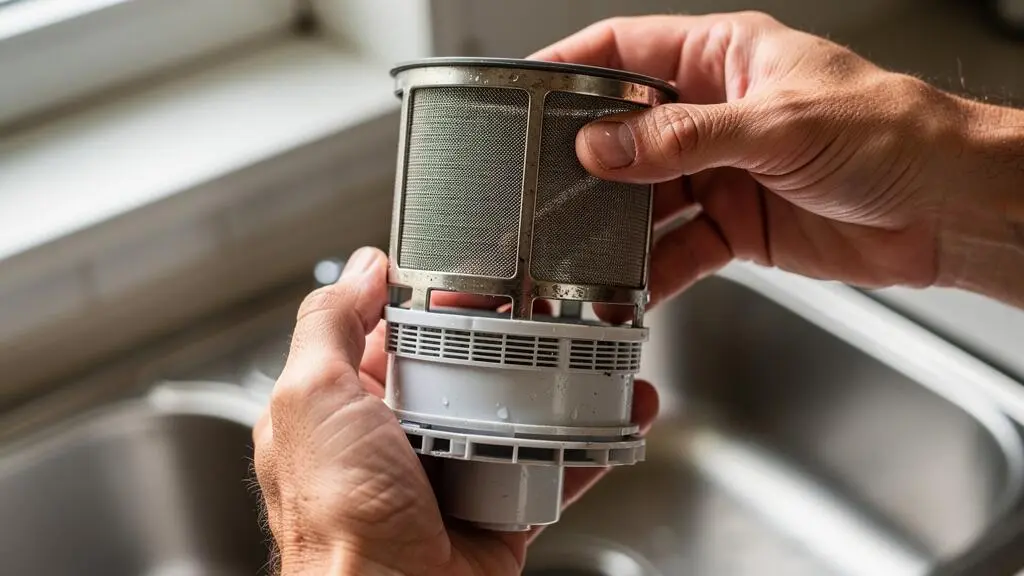 Mains tenant et nettoyant le filtre cylindrique d'un lave-vaisselle près d'un évier de cuisine.
