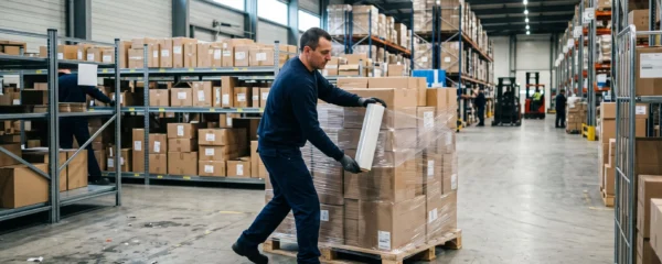 Un opérateur emballe une palette de colis avec un film étirable dans un entrepôt de e-commerce.