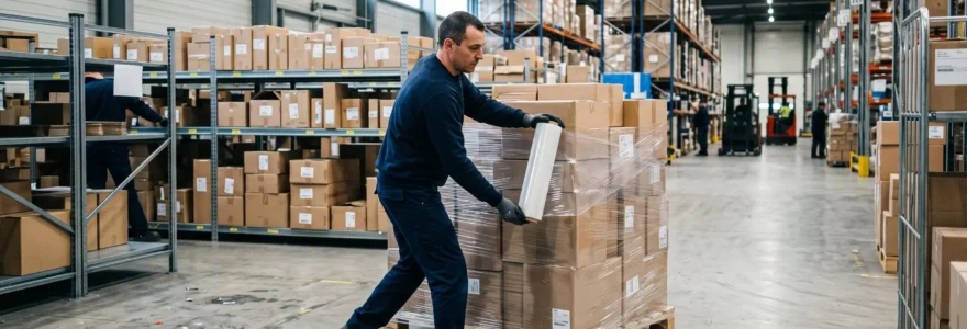 Un opérateur emballe une palette de colis avec un film étirable dans un entrepôt de e-commerce.