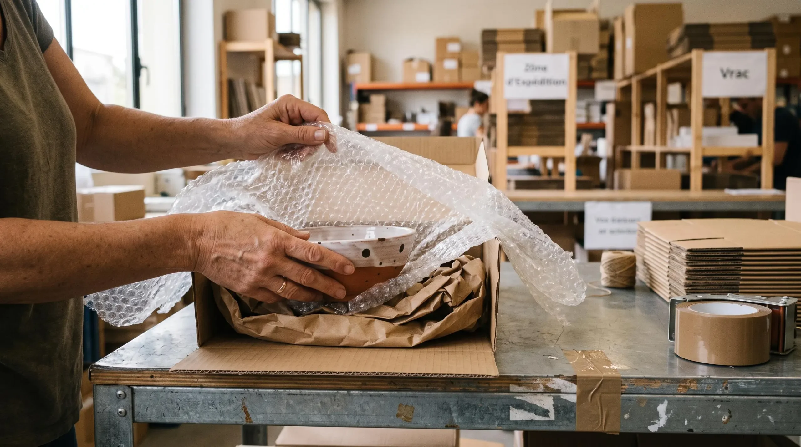 Un préparateur enroule du papier bulle autour d'un objet fragile dans un carton sur un plan de travail d'expédition.