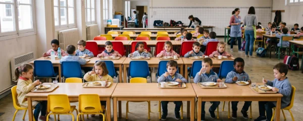 Enfants de maternelle assis sur des chaises de trois tailles dans une cantine scolaire.