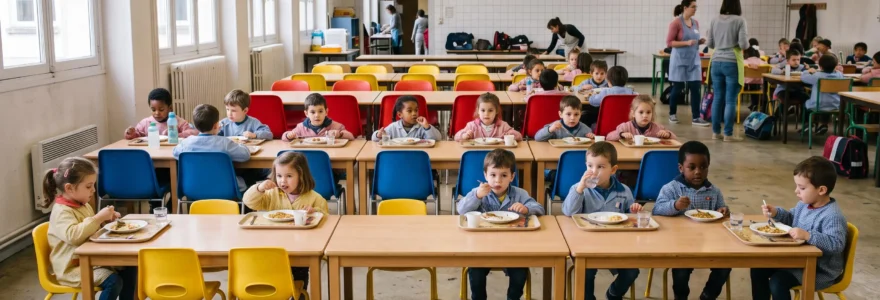 Enfants de maternelle assis sur des chaises de trois tailles dans une cantine scolaire.