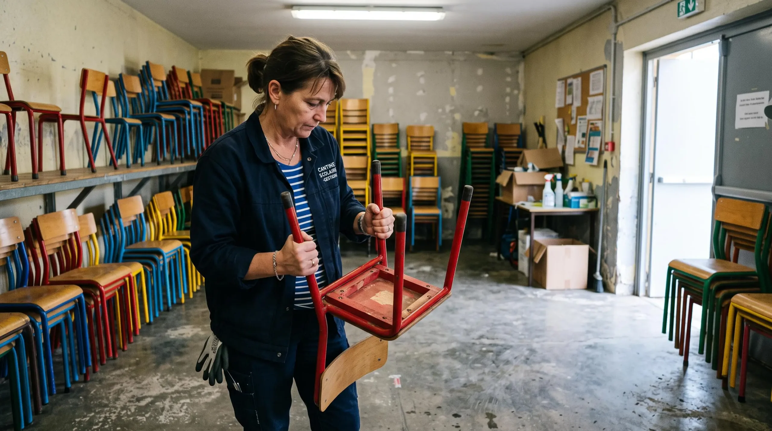 Un responsable vérifie l'état d'une chaise de maternelle dans une réserve de cantine scolaire.