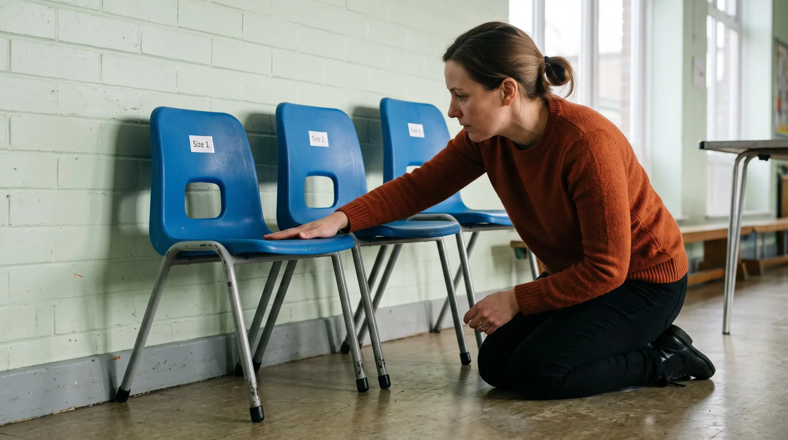 Une enseignante compare trois chaises de hauteurs différentes le long d'un mur de cantine.